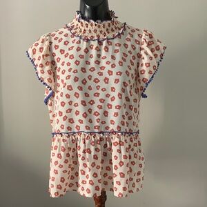 THML Cream and Rust Blouse with Blue Trim | Size SMALL